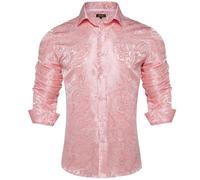 DiBanGu Mens Silk Paisley Dress Shirts,Long Sleeve Button Down Shirt Casual Regular Fit Shirt for Men Wedding Party, Blush Pink, X-Large
