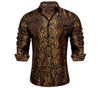 DiBanGu Mens Silk Paisley Dress Shirts,Long Sleeve Button Down Shirt Casual Regular Fit Shirt for Men Wedding Party, Gold Black, 3X-Large
