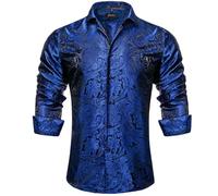 DiBanGu Mens Silk Paisley Dress Shirts,Long Sleeve Button Down Shirt Casual Regular Fit Shirt for Men Wedding Party, Royal Blue, Small