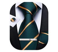 DiBanGu Mens Silk Woven Tie Set Emerald Green Striped Necktie Pocket Square Cufflinks and Tie Clip Set for Business Wedding Party