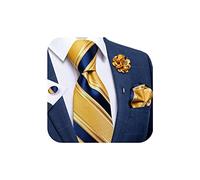 DiBanGu Mens Tie for Men Yellow and Navy Stripe Tie set and Lapel Pin Brooch Woven Handkerchief Cufflinks Wedding Formal Business