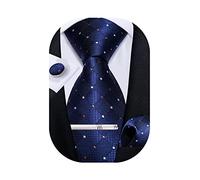 DiBanGu Mens Tie Silk Navy Blue Dots Necktie and Pocket Square Cufflinks Tie Clip Set Classic Formal Ties for Wedding Party