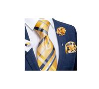 DiBanGu Mens Tie Silk Yellow and Black Necktie and Pocket Square Cufflinks Lapel Pin Brooch Set Classic Formal Ties for Party