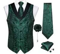 DiBanGu Paisley Waistcoats for Men Silk Jacquard Shawl Collar Dress Vest and Tie Pocket Square Set for Formal Wedding Prom,Emerald Green,XX-Large