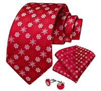 DiBanGu Red Christmas Ties for Men Silk Snowflake Necktie and Pocket Square Set with Cufflinks Xmas Party Formal Festival