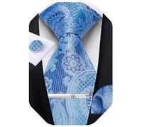 DiBanGu Silk Mens Tie Sky Blue Paisley Necktie and Hanky Cufflinks Tie Clip Set Woven Formal Ties for Parties