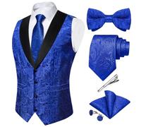 DiBanGu Silk Suit Vest for Men Shawl Collar Vest with Tie Set Bowtie Tie Clip Pocket Square Cufflinks Waistcoat, Royal Blue, X-Large