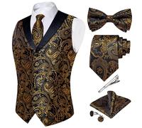 DiBanGu Solid Color Suit Vest for Men Satin Vest Set with Tie Bowtie Tie Clip Pocket Square Cufflinks 6Pcs Waistcoat, Black Gold, Large