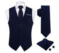 DiBanGu Waistcoat for Men Linen V-Neck Solid Color Dress Vest and Tie Pocket Square Set 4PCS Wedding Party Tuxedo,Navy Blue,Medium