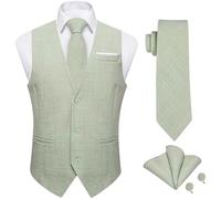 DiBanGu Waistcoat for Men Linen V-Neck Solid Color Dress Vest and Tie Pocket Square Set 4PCS Wedding Party Tuxedo,Sage Green,3X-Large