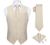 DiBanGu Waistcoat for Men Linen V-Neck Solid Color Dress Vest and Tie Pocket Square Set 4PCS Wedding Party Tuxedo,Beige,3X-Large