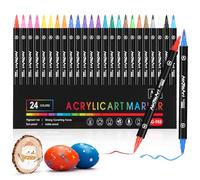 Diboniur 24 Colours Acrylic Pens Set Dual Brush Pen for Adults Waterproof Textile Pens for Textile Stones Wood Paper Ceramic DIY