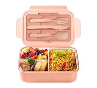 Diboniur Lunch Box with Compartments Cutlery Children Adults 1400 ml Bento Box Work Microwave Safe School Office (Pink)