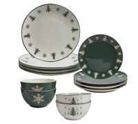 Dibor 12pc Christmas Dinner Set Stoneware Plates and Bowls Set for 4 | Dinner Set for 4, Dinner Plates, Side Plates, Bowls, Snowflake and Tree Designs, Dishwasher Safe, Microwave Safe