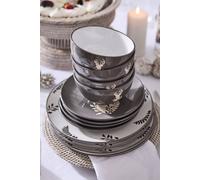 Dibor 18 Piece Grey Stag Plates And Bowls Reindeer Christmas Dinner Set 6 Person Christmas Crockery Set