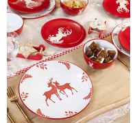 Dibor 18 Piece Red Plates & Bowls Reindeer Christmas Dinner Set 6 Person Christmas Crockery Set Dibor Red 6 Person
