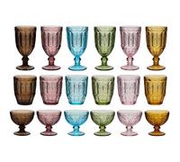 Dibor 18pc Drinking Glasses & Dessert Bowls Set Dishwasher Safe Embossed Multicolour Goblet Wine Glasses, Tumblers and Footed Bowls Dining Table Glassware Gift Set