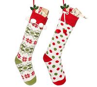 Dibor 2 Large Christmas Stockings White Knitted Sweater Stockings | Hanging Loop, Pom Pom Cuff, Fair Isle Print, Polka Dot Print, Nordic Decor