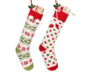 Dibor 2 Large Christmas Stockings White Knitted Sweater Stockings | Hanging Loop, Pom Pom Cuff, Fair Isle Print, Polka Dot Print, Nordic Decor