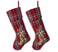 Dibor 2 Traditional Large Red Tartan Embroidered Mistletoe Christmas Stockings - H51cm