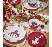 Dibor 24 Piece Red Plates And Bowls Reindeer Christmas Dinner Set 8 Person Christmas Crockery Set