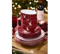 Dibor 24 Piece Red Plates & Bowls Reindeer Christmas Dinner Set 8 Person Christmas Crockery Set | Size: 24 Pack Dibor Red 24 Pack