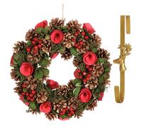 Dibor 35cm Red Berries & Roses Christmas Wreath with Deer Wreath Hanger Dibor Red