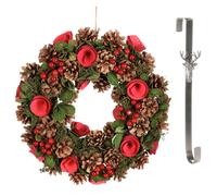 Dibor 35cm Red Berries & Roses Christmas Wreath with Stag Wreath Hanger Dibor Red