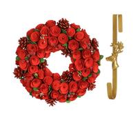 Dibor 35Cm Red Crimson Rose Front Door Christmas Wreath With Deer Wreath Hanger