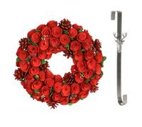 Dibor 35Cm Red Crimson Rose Front Door Christmas Wreath With Stag Wreath Hanger