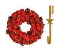 Dibor 35Cm Red Crimson Rose Front Door Christmas Wreath With Star Wreath Hanger