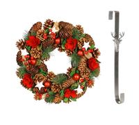 Dibor 35cm Starry Night Front Door Christmas Wreath with Stag Wreath Hanger in Red Dibor Red