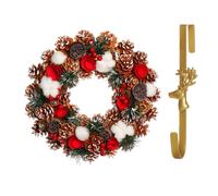 Dibor 36cm Pinecone & Roses Christmas Wreath with Deer Wreath Hanger in Red Dibor Red