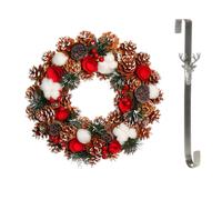 Dibor 36cm Pinecone & Roses Christmas Wreath with Stag Wreath Hanger in Red Dibor Red