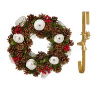 Dibor 36cm White Berries & Roses Christmas Wreath with Deer Wreath Hanger in Red Dibor Red