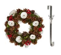 Dibor 36cm White Berries & Roses Christmas Wreath with Stag Wreath Hanger in Red Dibor Red
