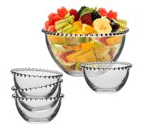 Dibor 4 Beaded Glass Dessert Breakfast Serving Bowls & Large Serving Bowl | Breakfast Bowls, Dessert Bowls, Bowl Set, Serveware, Glass Crockery, Beaded Edge, Bella Perle