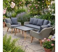 Dibor 4-Piece Outdoor Garden Sofa Set Grey Cushions, Woven Rattan Style Frame And Coffee Table
