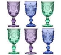 Dibor 6 Piece Purple, Blue & Green Embossed Wine Glass Set | Dishwasher Safe, 300ml, Embossed Glassware, Footed Goblets, Wine Goblets, Alfresco Dining, Glassware Set