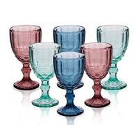 Dibor 6 Piece Turquoise, Pink & Blue Coloured Wine Glass Set | Dishwasher Safe, 300ml, Embossed Glassware, Footed Goblets, Wine Goblets, Alfresco Dining, Glassware Set