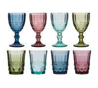 Dibor 8pc Wine Glasses & Tumblers Set of 4 Wine Goblets and Tumbler Glasses | Vintage Style, Dishwasher Safe, Embossed, Baroque, Coloured Glass, Alfresco Dining, Wine Glasses, Tumblers