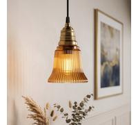 Dibor Amber Pleated Glass Ceiling Shade - Vintage Bell-Shaped Ribbed Pendant Light With Bronze Fixture, 12Cm Diameter