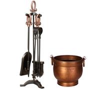 Dibor Antique Copper Handled Fireside Companion Set with Round Copper Bucket Dibor Copper