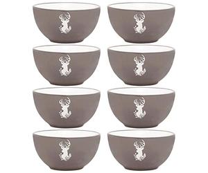 Dibor Bowl Set of 8 Breakfast Cereal Dessert Soup Pasta Bowls - Hand Painted Grey & White Country Stag Stoneware Crockery Dishwasher & Microwave Safe Dinnerware Set