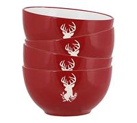 Dibor Breakfast/Dessert/Pasta Bowl Set of 4-400ml Hand Painted Red & White Reindeer Stoneware Crockery Dishwasher & Microwave Safe Christmas Reindeer Dinnerware Set