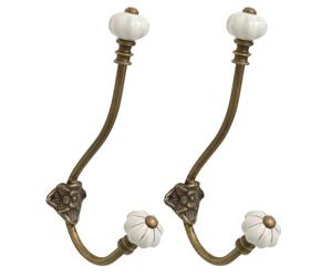 Dibor Cast Iron Wall Hooks Set of 2 Wall Mounted Coat Hooks Recycled Cast Iron Ceramic Tipped Coat Rack Door Hooks with Brushed Gold Finish and Vintage Style Rose Design