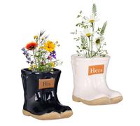 Dibor Ceramic Wellington Boot Plant Pots with His & Hers Engraved Plaques | Couples Wedding Gift, Gardening Gift, Seedling Pot, Flower Pot, Planter, Drainage Hole, Removable Stopper