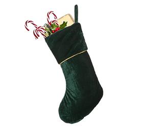Dibor Christmas Stocking Green Velvet Gold Braided Traditional Gift Present Stocking - H36cm