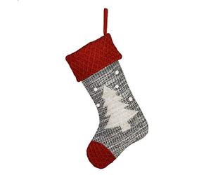 Dibor Christmas Stocking Grey Textured Finish Fabric Traditional Gift Present Xmas Stocking with Red Christmas Tree Design 18" Mantelpiece Decoration Festive Gift Santa Sack Stocking