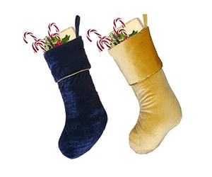 Dibor Christmas Stocking Set of 2 Blue & Gold Velvet Luxury Gold Braided Traditional Gift Present Xmas Stocking 18” His & Hers Mantelpiece Decoration Festive Gift Sack Stockings